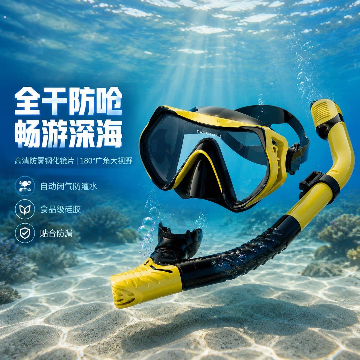 法国潜水镜防雾浮潜二宝面镜罩近视深潜护鼻一体大框游泳眼镜装备