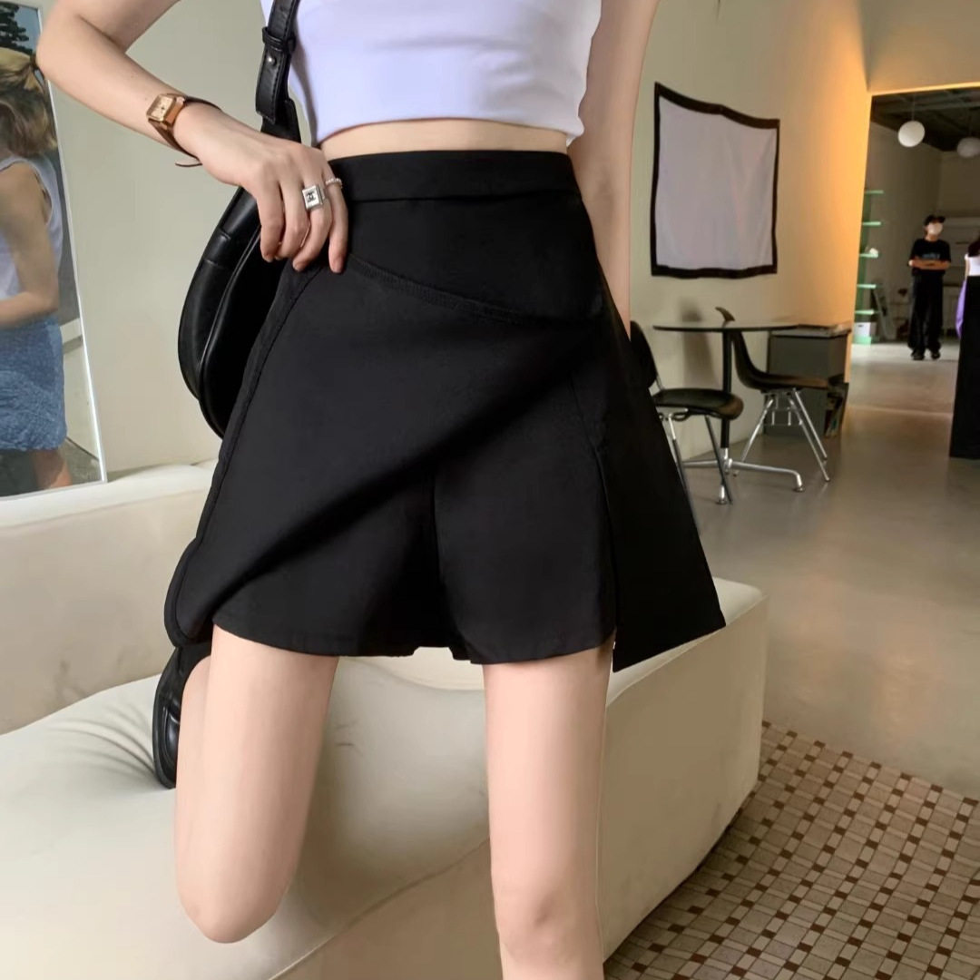 大码黑色开叉半身裙2025夏季胖妹妹高腰显瘦短裙防走光A字裙裤女