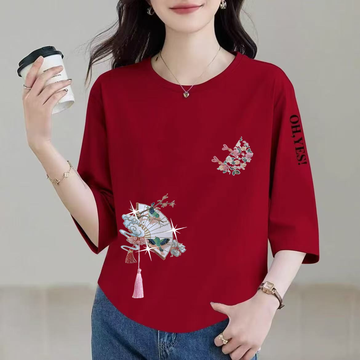 清仓捡漏外贸妈妈中老年古风中国风七分袖中袖t恤女装宽松打底衫