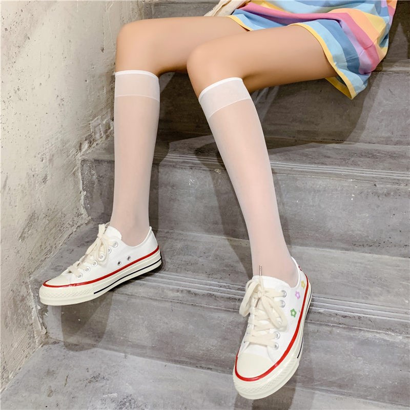 白色夏季薄款小腿袜女中筒袜透jk