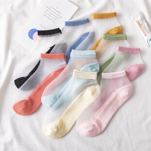 袜子女春夏薄款玻璃丝短袜女士浅口水晶丝袜日系卡丝透明棉底船袜
