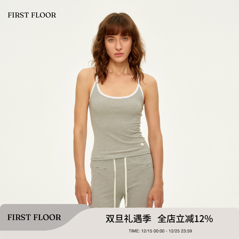 FIRSTFLOOR 夏季天丝凉爽复古收腰条纹短款紧身套装吊带背心女