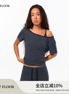 FIRSTFLOOR凉感天丝混纺复古条纹叠穿斜肩大圆领短款短袖T恤上衣