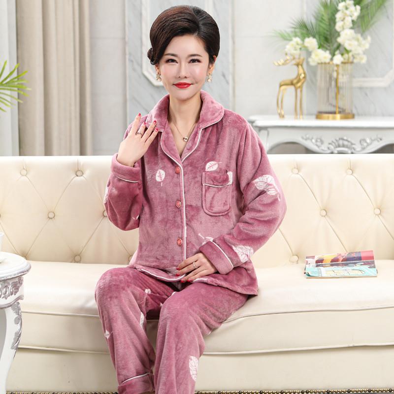 中老年人睡衣女秋冬加厚两件套奶奶衣服法兰绒妈妈家居服太太套