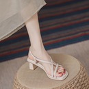 红青蜓真皮凉鞋女2025夏季新款外穿粗跟法式中跟软底一字带高跟鞋