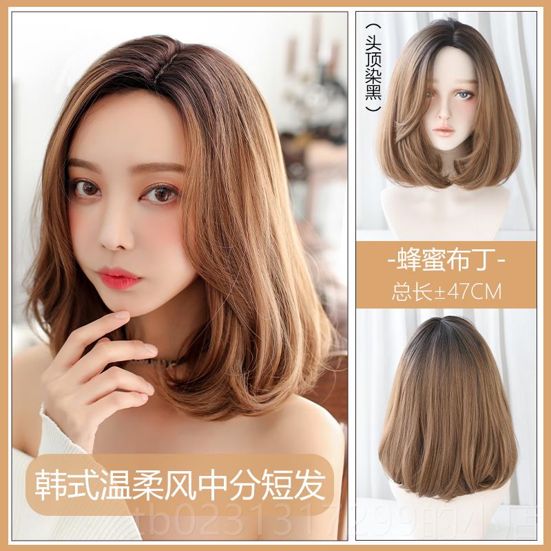 新款七街后绿色假发女短发自然帅直气修脸发皇可爱网红直全套圆脸
