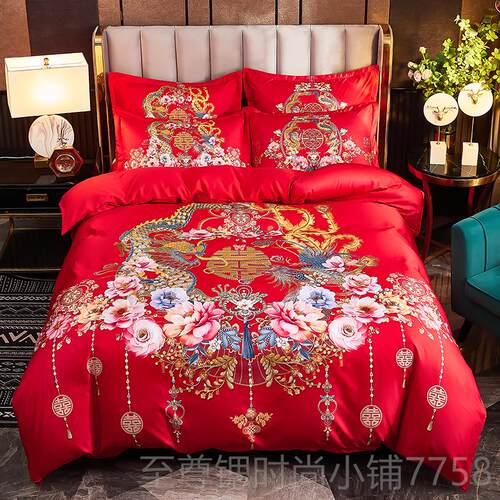 正品婚庆纯棉喜四套结婚床床单被套喜被卡通全棉大红色件新婚庆上