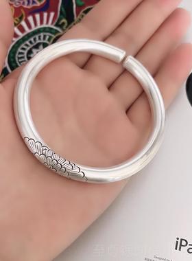 正品999手镯足银实心原创设计手牡丹 人工私定制银纯银手镯女生日