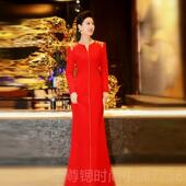 正品 高红端质色绣年刺会主持人晚礼服女宴会气长裙春晚晚会演出连