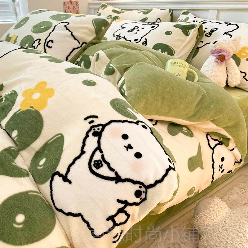 正品牛法兰绒床加上单四件套双面厚珊瑚绒床冬季加绒床奶品被套三