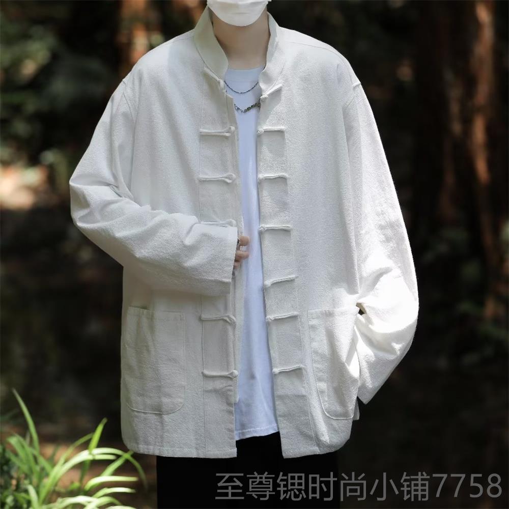 正品复古衬亚麻唐青男装秋季薄款中国风年衬衫七分长袖中华中山装