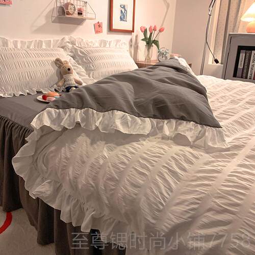 正品in韩式荷叶边奶油s色水洗5棉四件床套少女心公主风泡泡纱1./1