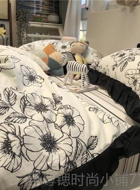 正品赫本风 isn黑花色田园风小碎花边床上四件套全棉纯棉被套蓝色