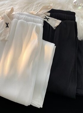 男性白色冰丝运动裤夏季薄款青年中高腰垂感宽松直筒休闲阔腿裤子