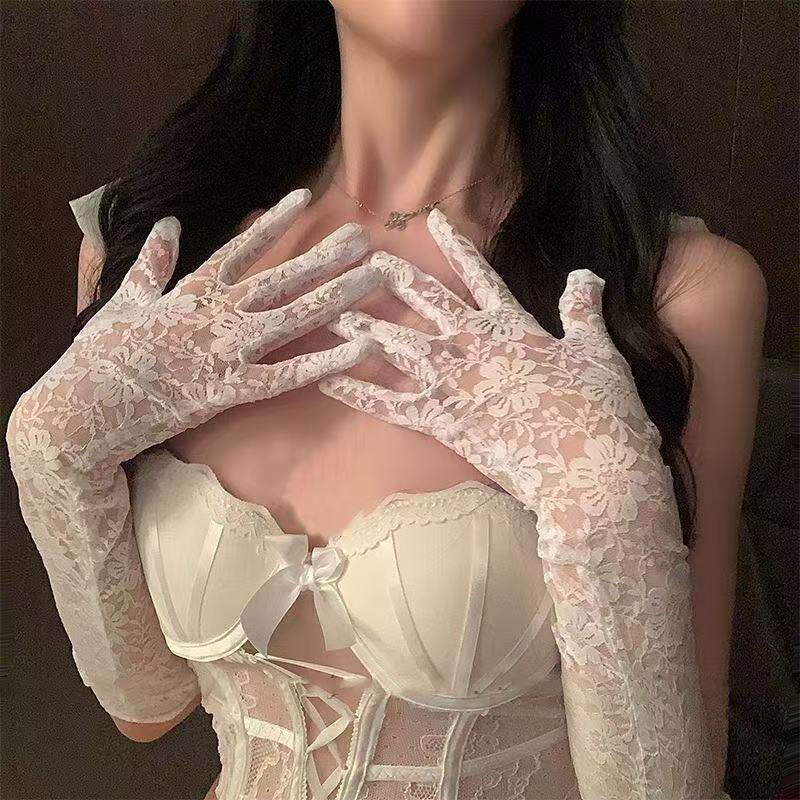 蝴蝶结黑色蕾丝花边手套女薄款半指白色lolita手链纯欲风网纱