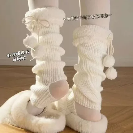 羊羔毛绒腿套冬天腿套jk蝴蝶结毛球可爱仿羊绒保暖堆堆袜子秋冬款