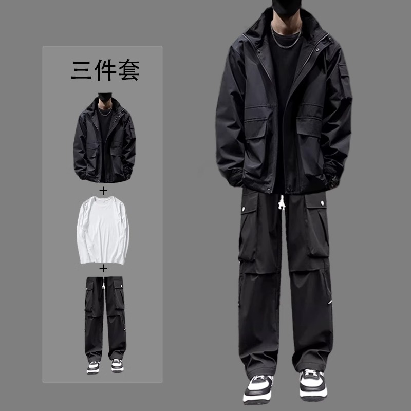 黑色冲锋衣冲锋裤套装男士连帽夹克2024春秋季休闲运动户外三件套
