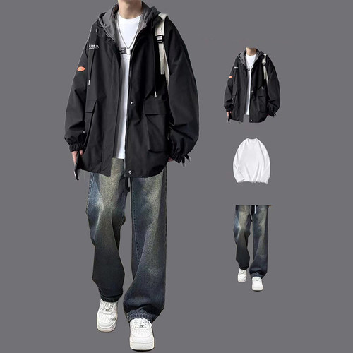 春秋季冲锋衣套装男款假两件连帽工装夹克外套男生宽松美式三件套
