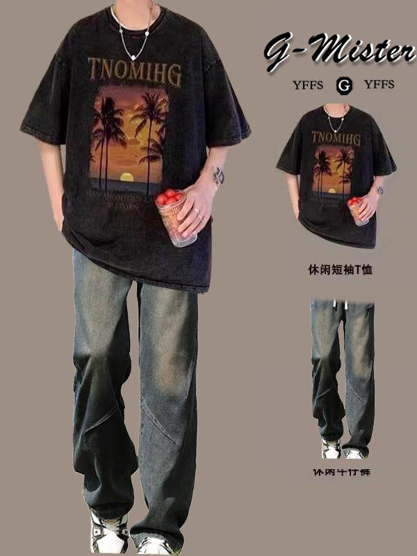 여름 남성용 레트로 워싱 디스트레스드 반팔 티셔츠 아메리칸 하이스트리트 패션 쿨하고 핸섬한 캐주얼 슈트 세트