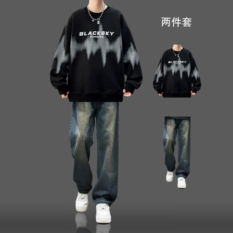 春秋季卫衣套装男一套搭配牛仔裤青少年潮流帅气休闲运动两件套春