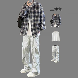 港风复古格子衬衫男士套装学生秋季休闲外套搭配工装裤痞帅三件套