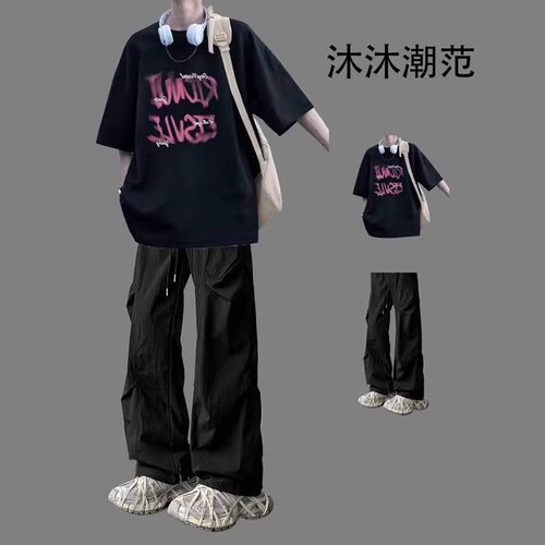 夏季男生套装青少年潮流T恤男装一套搭配休闲长裤帅气时髦两件套
