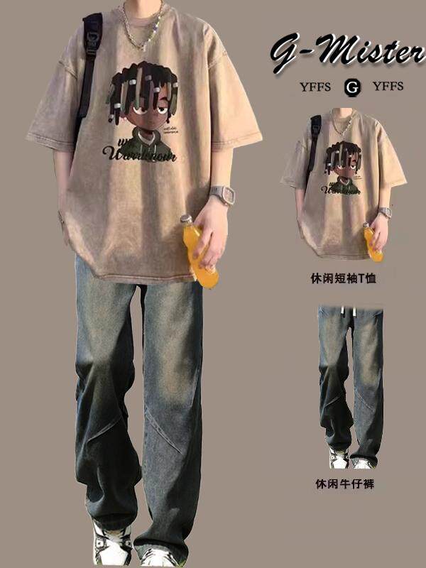 여름 남성용 레트로 워싱 디스트레스드 반팔 티셔츠 아메리칸 하이스트리트 패션 쿨하고 핸섬한 캐주얼 슈트 세트