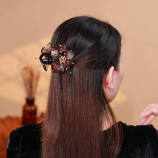 墨染优雅手工铜丝花朵水晶发夹6Cm小抓夹头饰后脑勺盘头高端发夹