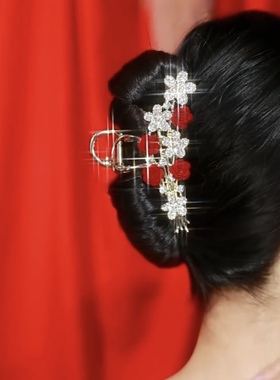 新年红色植绒玫瑰流苏发夹女后脑勺大号抓夹高级感鲨鱼夹子头饰