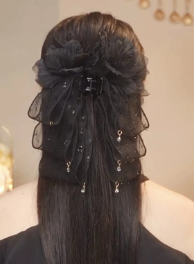 高级感气质水晶羽毛抓夹蓬松黑色泡泡纱发夹鲨鱼夹轻奢百搭发饰女