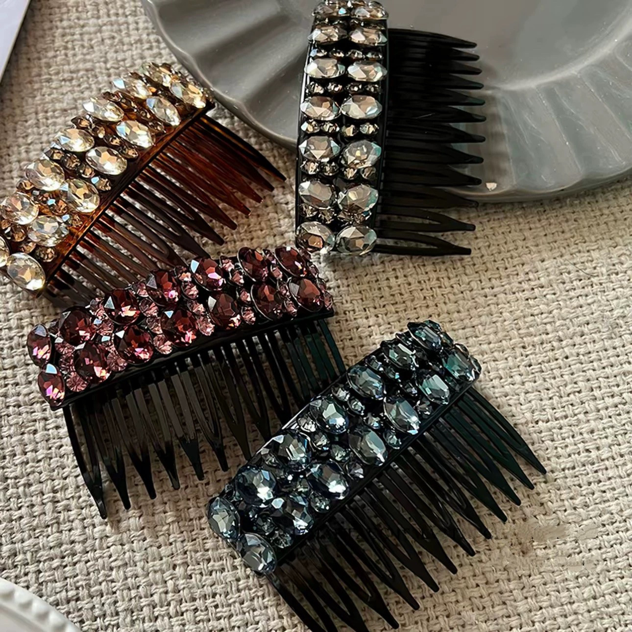 韩版镶钻水晶满钻长款短款密齿多齿发梳插梳刘海梳盘发发夹头发饰