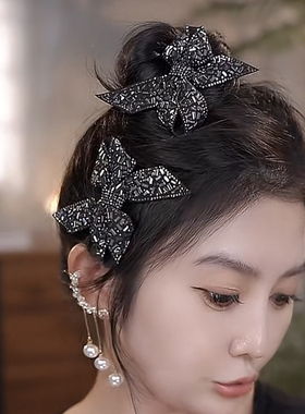 黑色蝴蝶结重工发夹刘海侧边夹轻奢风蝴蝶结边夹网红闪亮鸭嘴夹女