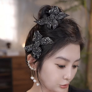 黑色蝴蝶结重工发夹刘海侧边夹轻奢风蝴蝶结边夹网红闪亮鸭嘴夹女