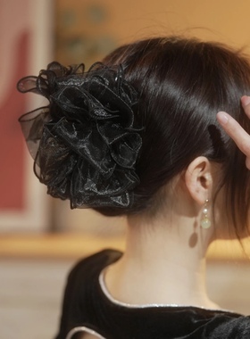 韩版黑色绢纱花朵气质森系抓夹网红发饰发夹后脑勺盘发鲨鱼夹发抓