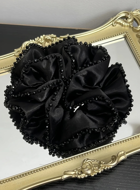 2025年新款黑色缎面双层高端水晶大肠发圈后脑勺盘发头饰百搭发饰