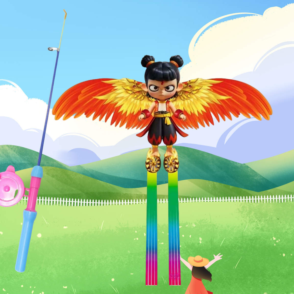 哪吒儿童动态鱼竿风筝手持