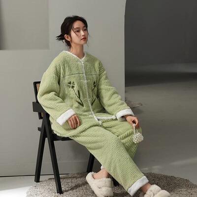 珊瑚绒加绒加厚法兰绒睡衣女套装