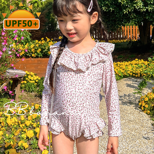 儿童连体式游泳衣长袖防晒荷叶边露背公主可爱洋气速干中小女童夏