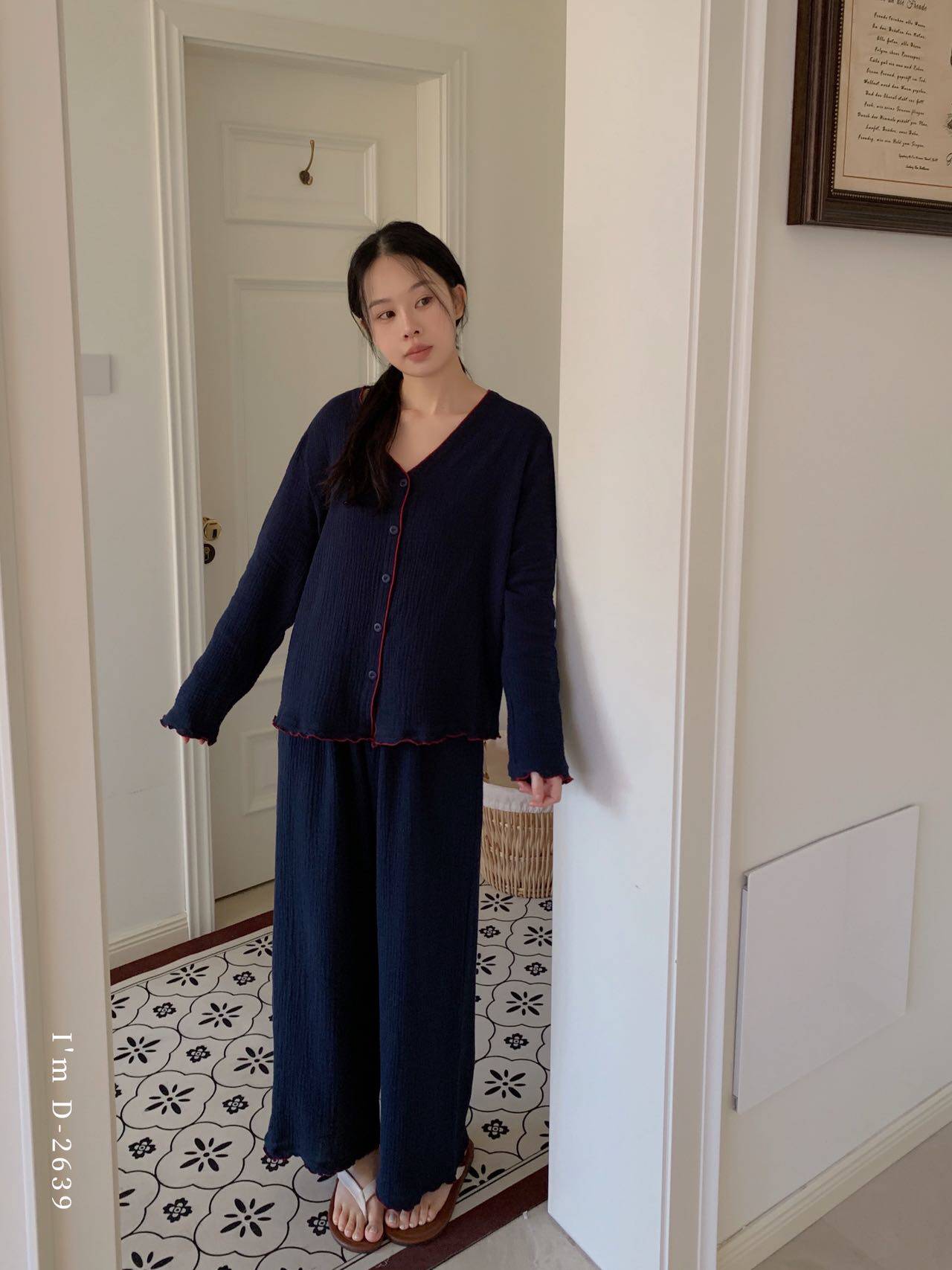 杜小宅轻颜V领棉纱衣春夏纯棉家居服长袖柔软可外穿女士睡衣套装