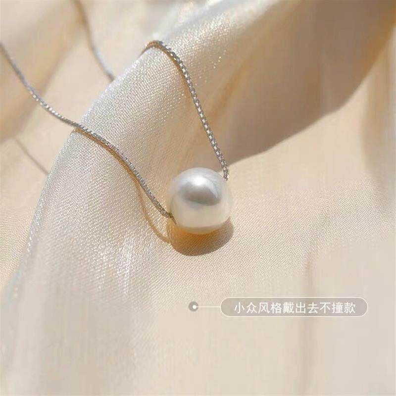 s925纯银珍珠吊坠项链女单颗珍珠套链小众设计锁骨链女简约气质