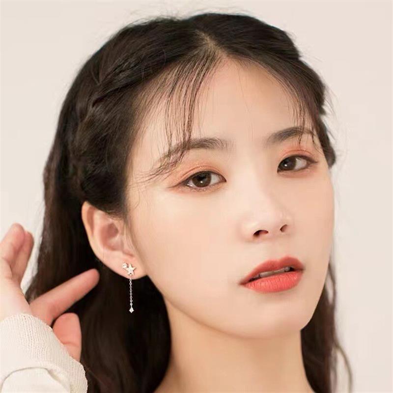 s925星月不对称耳钉女纯银新款高级感潮ins风流苏耳环发光耳饰