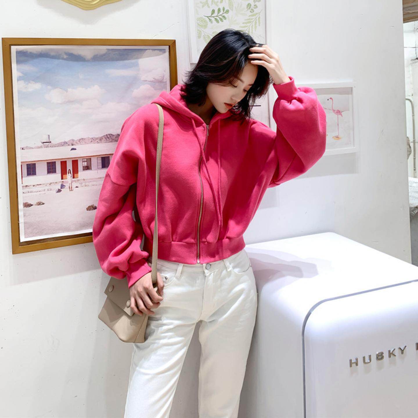 高腰宽松显瘦拉链连帽开衫时尚休闲2026春秋韩版短款卫衣女短袖
