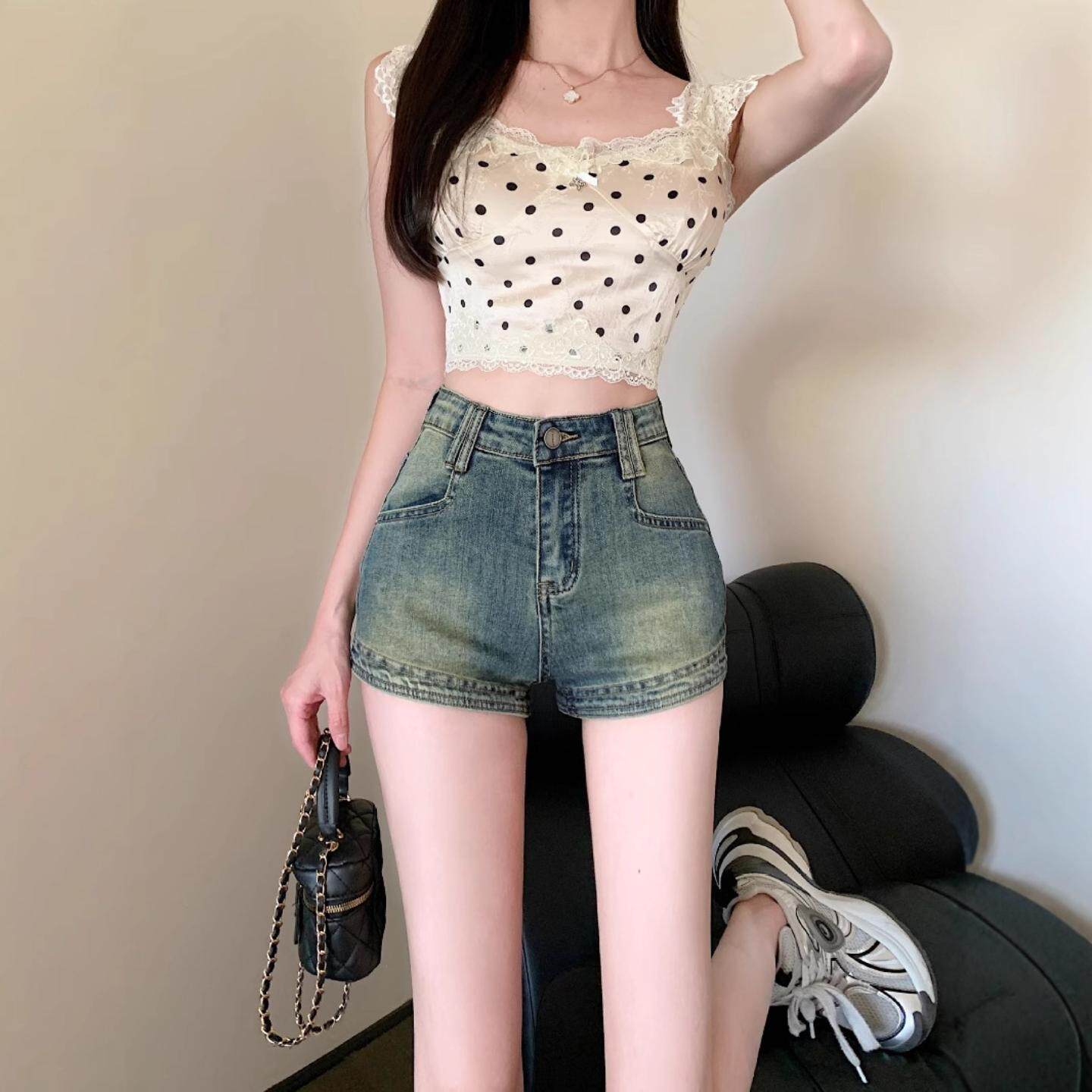 辣妹热裤美式复古做旧牛仔短裤女夏季小个子高腰弹力打底包臀裤子