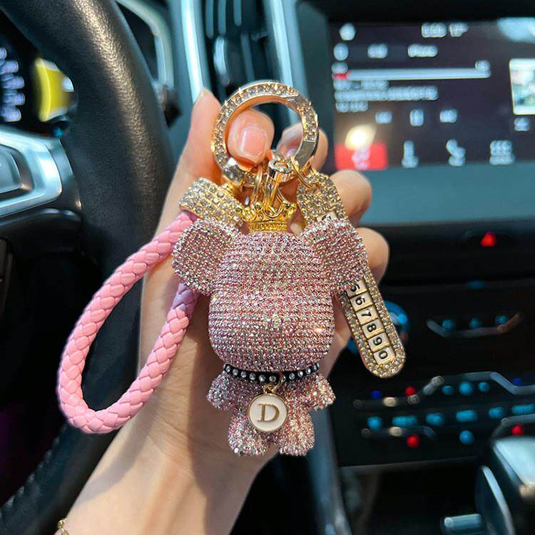 可选字母镶满钻大头熊钥匙扣防丢电话号码牌钥匙链女精致时尚挂件