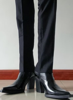 万用cos成男增高烧鞋2025爆款漆皮圆头粗跟黑色短筒高跟切尔西靴
