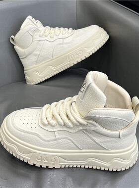 qn男士高帮鞋2025冬季新款真皮加绒小白鞋潮流厚底运动休闲板鞋