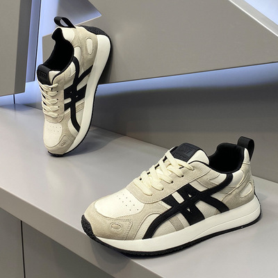 yj男鞋2025早秋新款时尚百搭厚底低帮阿甘鞋皮布拼接系带运动休闲