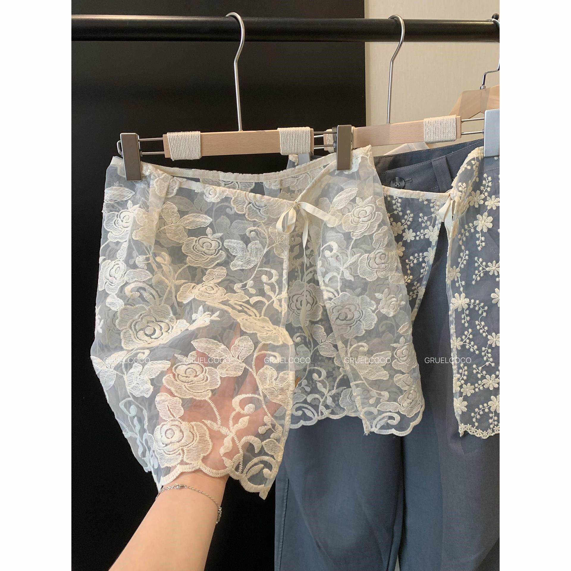 中长款蕾丝屁帘女欧根纱重工刺绣叠穿神器牛仔裤搭配遮胯显瘦裙帘