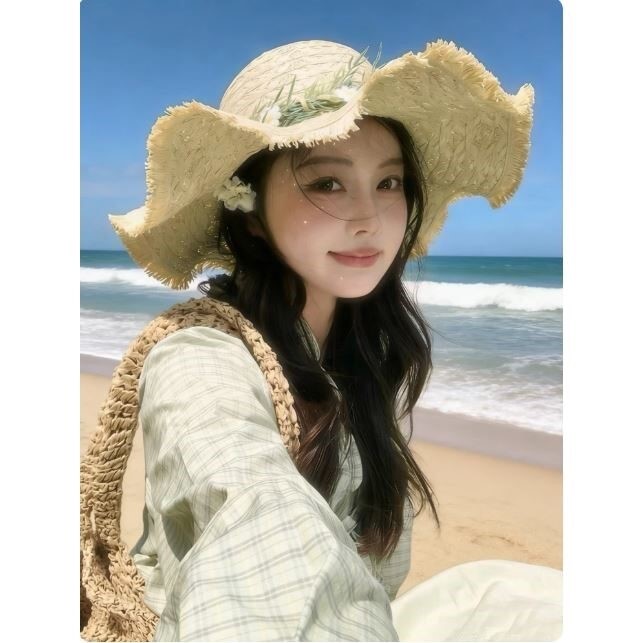 新款小蹴鞠波浪形草帽女夏季海边度假大檐防晒遮阳沙滩太阳草编帽
