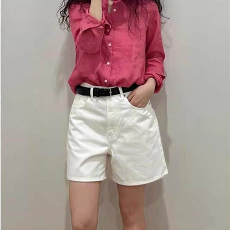 法式玫红色棉麻防晒长袖衬衫外套女2024早秋新款显瘦棉麻衬衣上衣